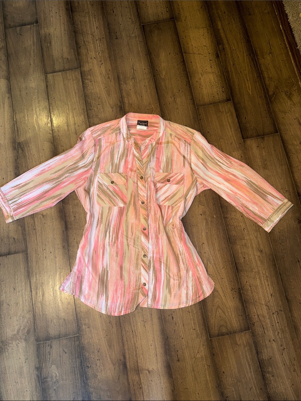 🌸Coral Pink and Tan V-Neck Button Down Blouse